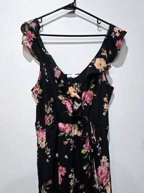 Socialite black and pink floral party dress XL ruffles bachelorette bridal hi lo